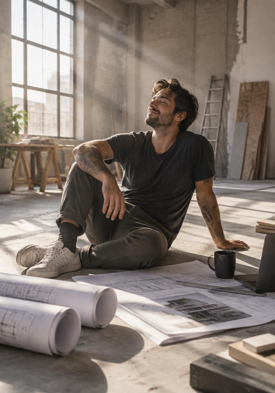 Architektas atsipalaiduoja tarp brėžinių